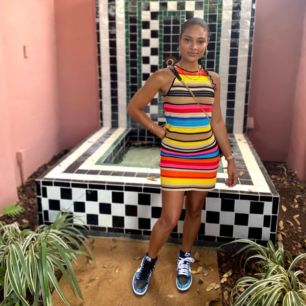 Multicolored crochet mini dress.